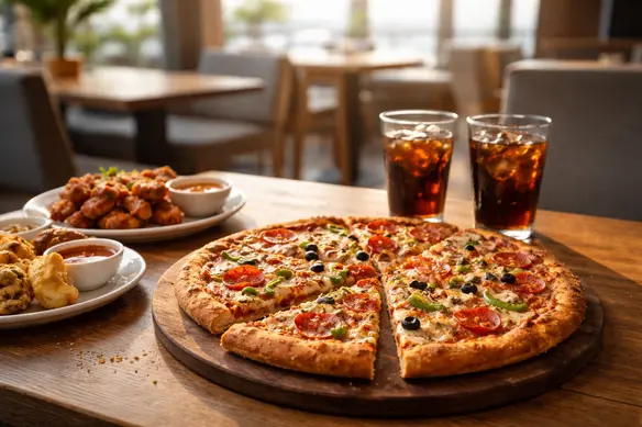 بيتزا هت جدة – بيتزا كبيرة مع أجنحة دجاج داخل مطعم في جدة