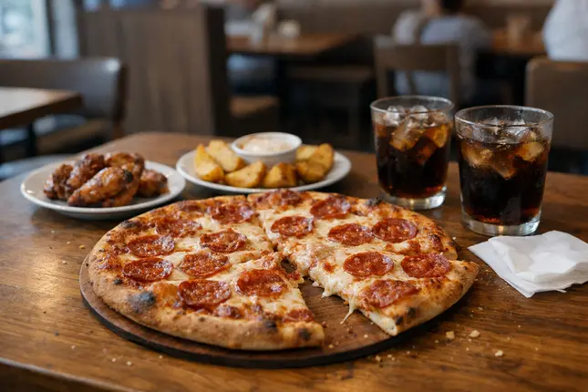 بيتزا هت مكة – بيتزا بيبروني طازجة مع أجنحة دجاج ومشروبات داخل مطعم في مكة