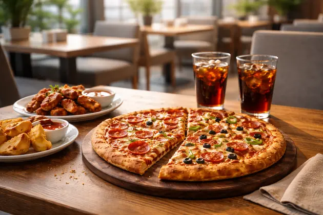 بيتزا هت الرياض – بيتزا كبيرة مع أجنحة دجاج داخل مطعم عصري في الرياض