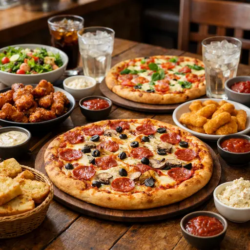 بيتزا هت مكة – تشكيلة بيتزا بيبروني وخضار مع أجنحة دجاج ومقبلات وصوصات متنوعة على طاولة خشبية