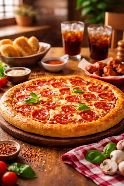 بيتزا هت مكة – بيتزا ساخنة طازجة مع أطباق جانبية ومشروبات على طاولة مطعم