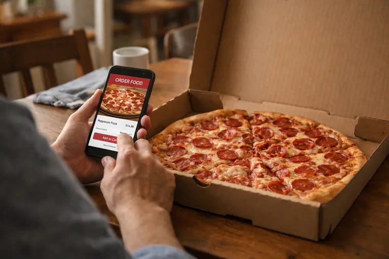 شخص يطلب عروض بيتزا هت اليوم عبر الهاتف المحمول