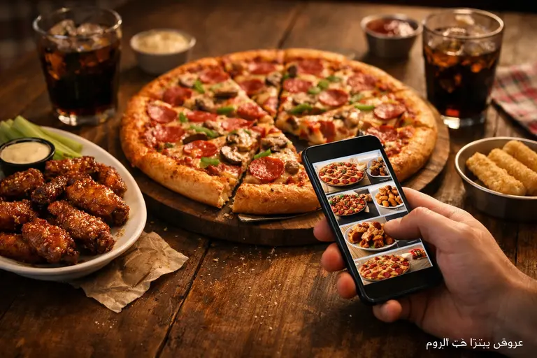 عروض بيتزا هت اليوم مع وجبة بيتزا عائلية وشخص يراجع العروض عبر الهاتف