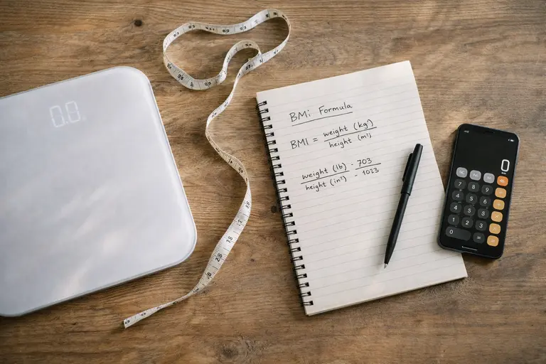 BMI calculator for women concept with scale, measuring tape, and BMI notes