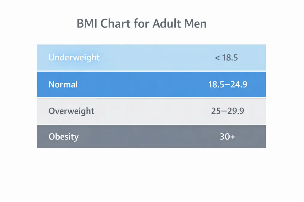 BMI Calculator for Men: BMI chart for men showing underweight, normal, overweight and obesity ranges