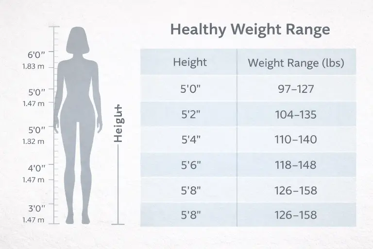 Healthy weight range chart for BMI calculator for women by height