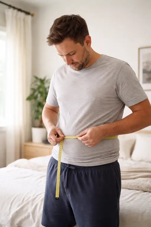 BMI Calculator for Men: Man measuring waist at home to track BMI and abdominal fat