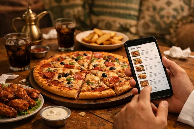 بيتزا هت الأحساء وجبة بيتزا عائلية مع أجنحة وبطاطس أثناء مراجعة الطلب عبر الهاتف