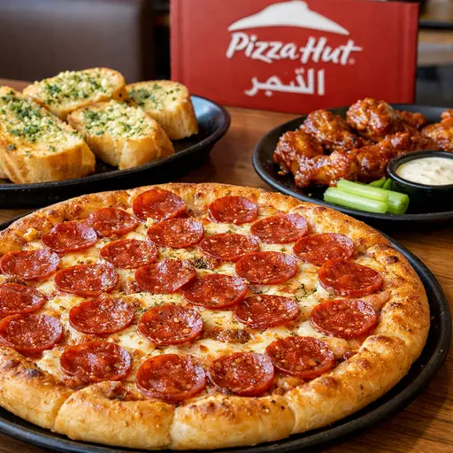 أصناف من منيو بيتزا هت الخبر تشمل بيتزا بيبروني، أجنحة دجاج، وخبز بالثوم