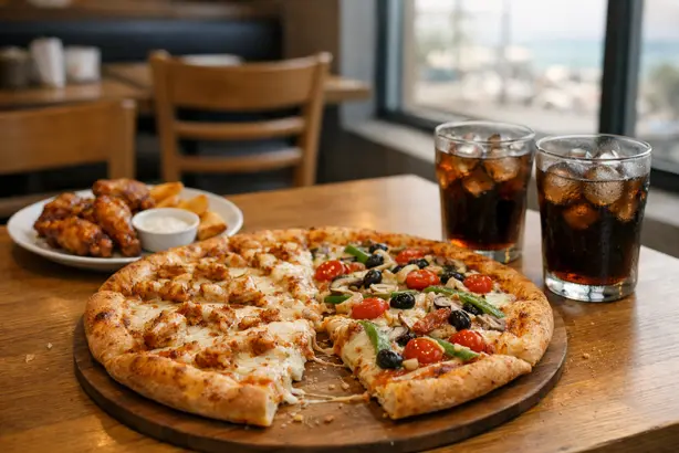 بيتزا هت جازان – بيتزا كبيرة مع أجنحة دجاج وبطاطس داخل مطعم في جازان