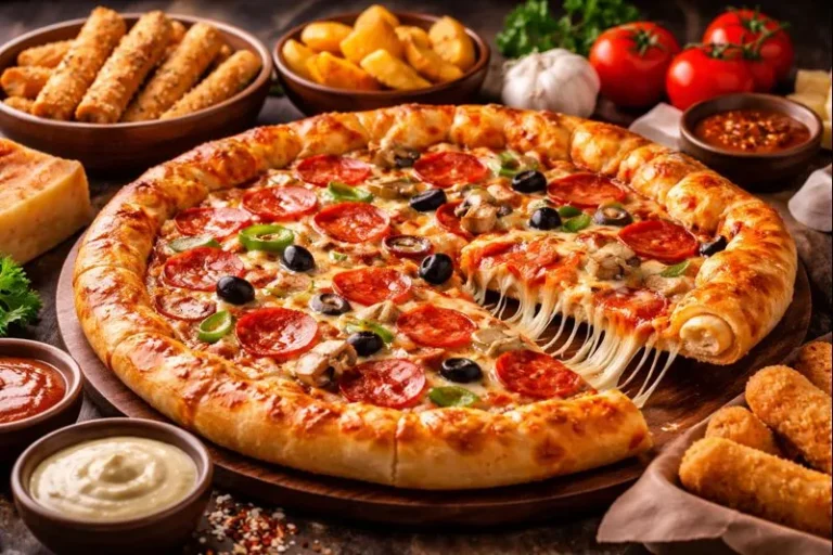 بيتزا بيبروني مع جبن ذائب، محاطة بأعواد الخبز بالثوم، أصابع الموزاريلا، البطاطس المقرمشة، والمكونات الطازجة مثل الطماطم والثوم.