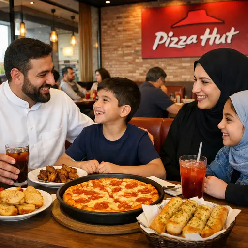 تجربة عائلية في مطعم بيتزا هت الخبر مع البيتزا على الطاولة