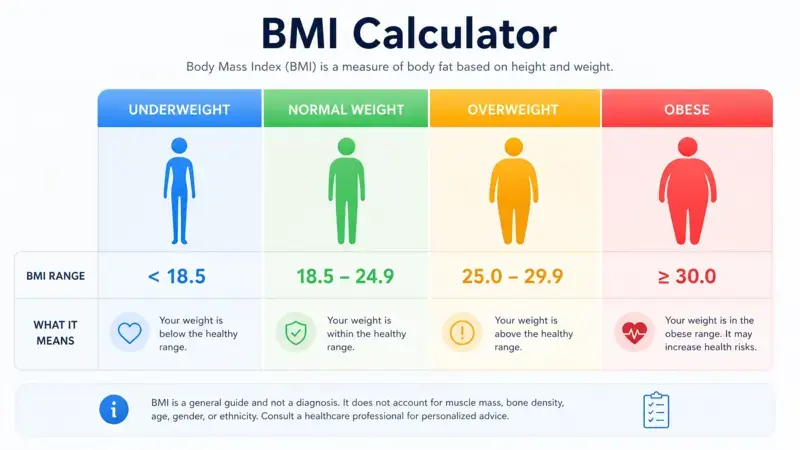 BMI Calculator chart showing BMI ranges and weight categories for health assessment