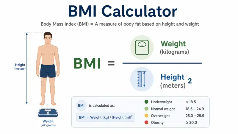 BMI Calculator formula showing weight divided by height squared in a simple infographic