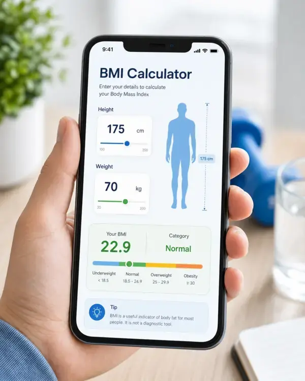 BMI Calculator interface showing height and weight input for body mass index calculation