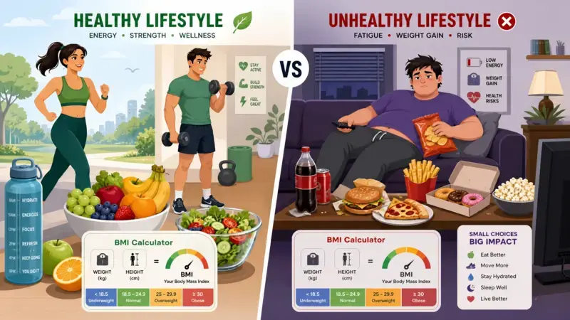 BMI Calculator results improvement through healthy diet and exercise lifestyle comparison