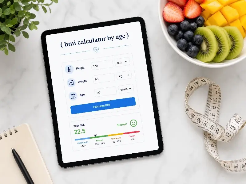 A flat-lay image showing a tablet with a bmi calculator by age interface, a measuring tape, and fresh fruit, illustrating the process of BMI calculation.